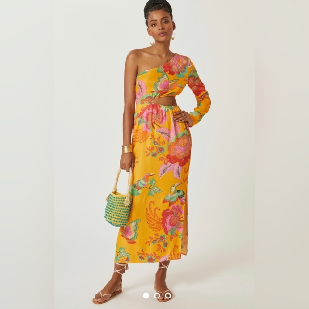 FARM RIO x Anthropologie Floral single one Shoulder Yellow Orange Dress Size XS